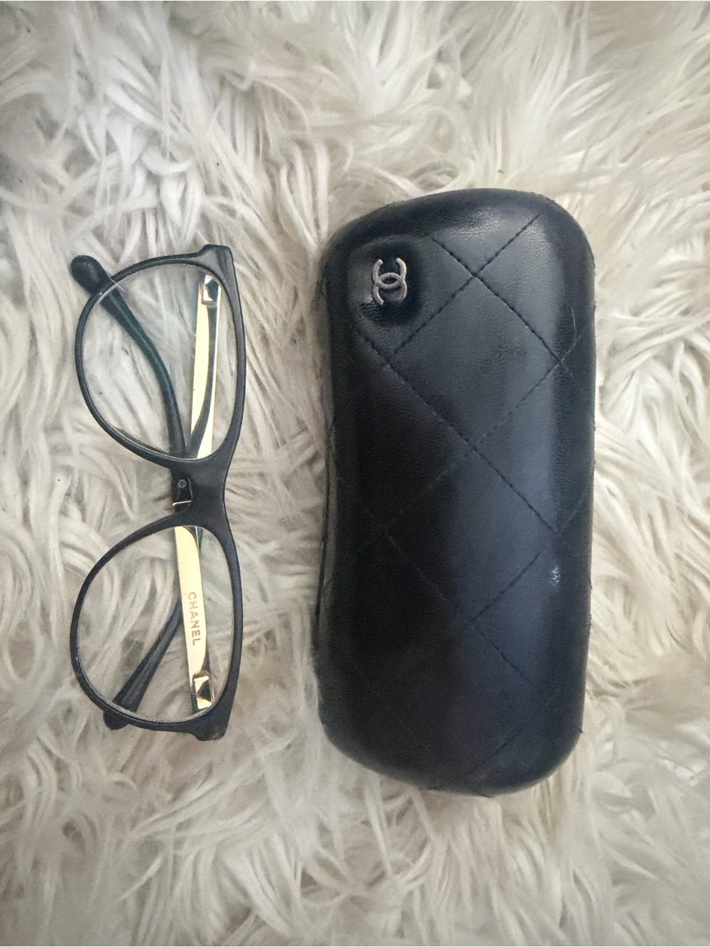 CHANEL Glasses Black & Gold + Black Quilted Eyeglass Case with Silver CC Emblem